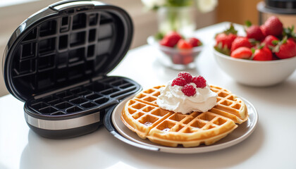 Golden waffles cook in modern electric maker beside fresh berries and whipped cream. Closeup on breakfast food preparation with