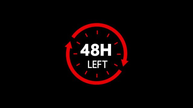 Countdown timer showing 48 hours left with red circle and arrows on black background.