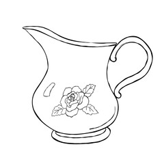 Hand drawn ceramic pitcher with floral rose motif vintage water jug milk cream server minimal black line art isolated on white