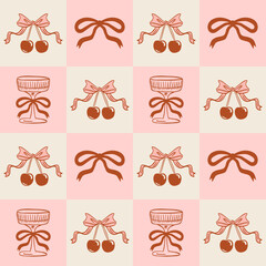 Cherry with a Bow seamless pattern. A trendy geometric Coquette background with pink square shapes and a checkered background, complete with a wine glass and bows. Vector design.