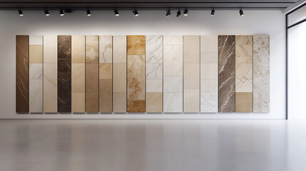 A clean, well-lit showroom presents a variety of tile samples, each showcasing unique patterns and textures. The setting emphasizes the elegance and versatility of surface design.