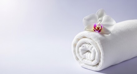 White rolled towel with an orchid on a plain background