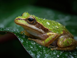Obraz premium Green frog with water drops on leaf