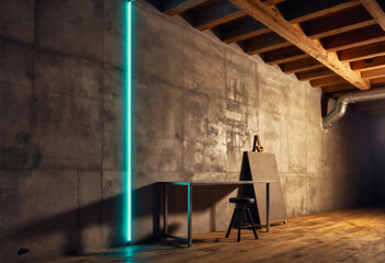 A modern industrial interior with a concrete wall, wooden floor, exposed beams, and a vertical teal light tube illuminating a minimalist desk setup.