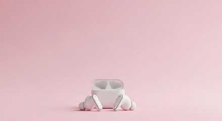White wireless earbuds with charging case on a pink background