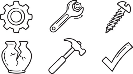 Obraz premium Hand drawn icons of a gear wrench screw hammer broken vase and check mark spanner
