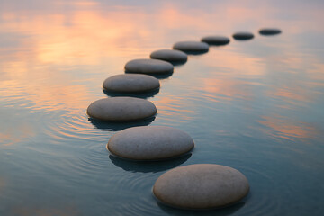 Smooth round stepping stones arranged in water at sunset reflecting peaceful calm atmosphere and meditation concept