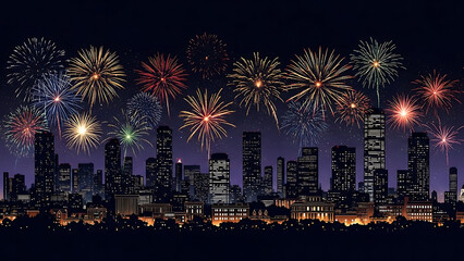 City skyline at night with vibrant colorful fireworks display