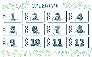 12ヶ月カレンダーの文字イラストセット