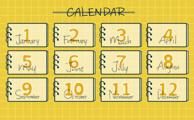 12ヶ月カレンダーの数字イラストセット