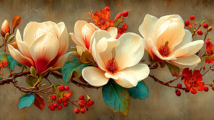 Elegant white magnolia branches brown texture