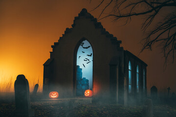 Spooky abandoned church with jack-o-lanterns in a haunted graveyard at dusk