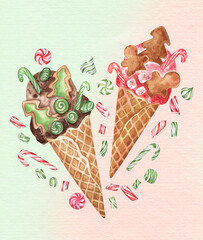 Watercolor illustration of chocolate and strawberry Christmas ice cream cones on a textured paper background with green and red gradient color