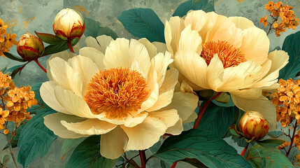 Elegant white peony floral gold texture