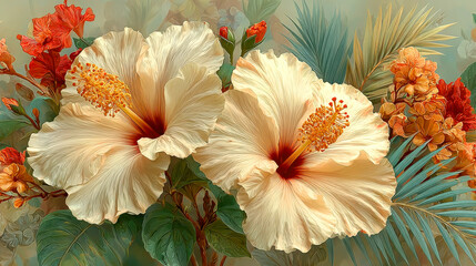 Beige hibiscus palm leaves abstract art