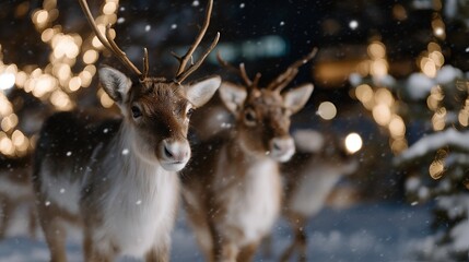 A night-time winter scene with reindeers illuminated by soft fairy lights, snowflakes drifting through the air for a magical holiday card aesthetic. cinematic color correction, natural uneven