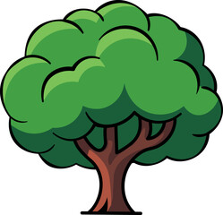 Cartoon tree, friendly illustration with vibrant green and brown flat colors as vector graphic for childrens education.