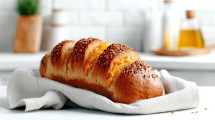 This image showcases a beautifully baked sesame loaf resting on a soft towel, inviting anyone with its warm golden crust and delicious aroma in a cozy kitchen setting.
