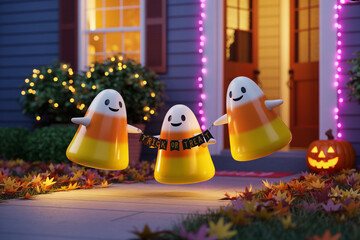Three cheerful candy corn ghosts flying in front of a brightly lit house with purple lights on a spooky Halloween night with a jack-o-lantern and autumn leaves on the sidewalk