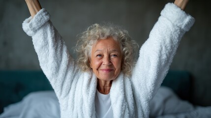 The image portrays a joyful elderly woman with curly hair stretching her arms in the air, radiating positivity and vitality in a cozy indoor space filled with warmth and comfort.