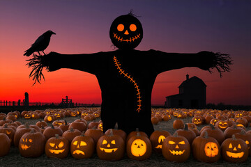 Spooky scarecrow standing amidst glowing jack-o-lanterns at dusk