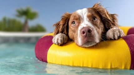 A charming dog resting on a colorful float in a sparkling pool, exuding a sense of leisure and playfulness, perfect for showcasing carefree summer days and pet joy.