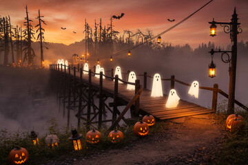 Spooky Halloween bridge with glowing ghosts and jack-o-lanterns at sunset
