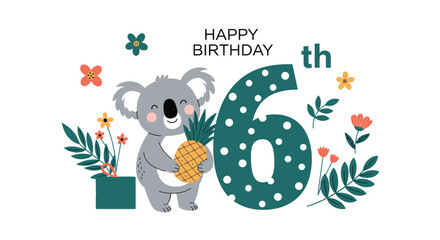 Cheerful koala holding a pineapple celebrates a sixth birthday surrounded by colorful flowers and a large dotted number six.