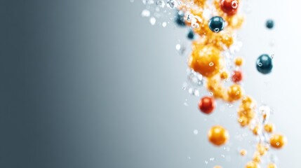 An abstract depiction of vibrant bubbles in motion, representing fluidity and freedom, as they dance through the water against a smooth grey backdrop, creating a calming effect.