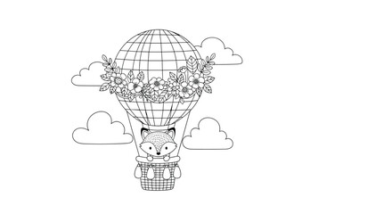 Obraz premium Charming fox travels in a hot air balloon adorned with a floral garland while floating among fluffy clouds in the sky.