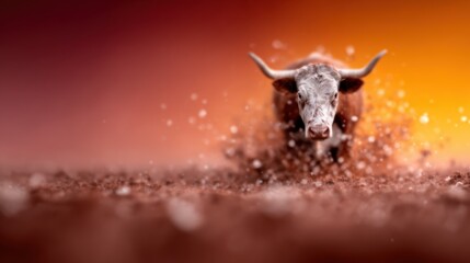 A captivating close-up of a brown cow charging through a cloud of dust, embodying the raw energy and vigor of rural life and the beauty of livestock in action.