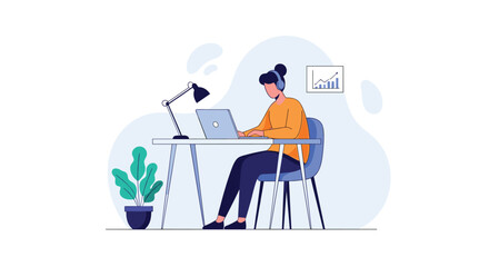 Fototapeta premium Woman working on her laptop computer at a desk wearing headphones in a home office setting with green plant and data progress chart.