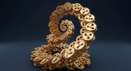 Abstract Golden Gears Spiral Helix: 3D Mechanical Engineering Concept on Dark Blue Background
