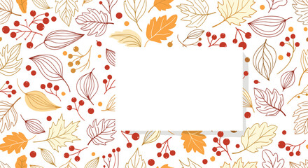 Autumnal frame border featuring a variety of fall leaves and red berries with a white rectangular space for custom text copy or message.