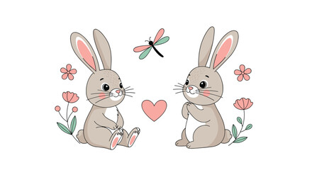 Fototapeta premium Two cute gray bunnies sitting together with a pink heart flowers and a dragonfly in a sweet romantic woodland scene for a greeting card.