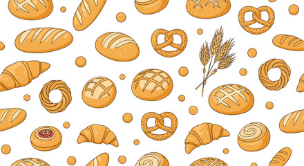 Seamless bakery pattern background featuring colorful illustrations of bread loaves baguettes croissants pretzels and wheat ears.