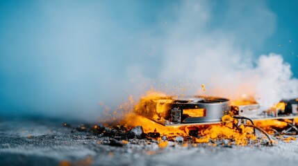 This image showcases a dramatic scene of a technical device on fire, surrounded by smoke and glowing sparks, emphasizing the destructive potential of heat on electronics.