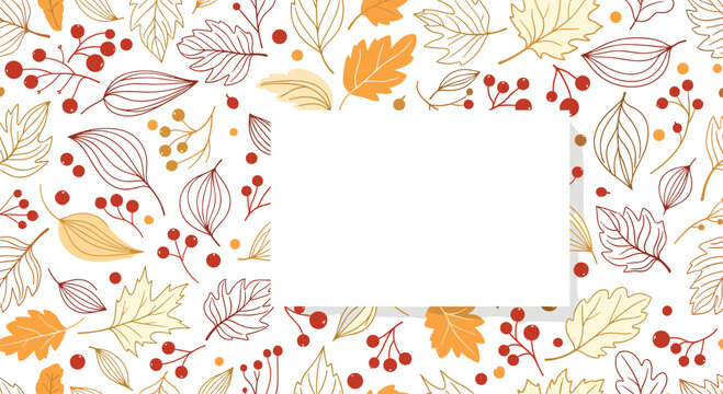 Autumnal frame border featuring a variety of fall leaves and red berries with a white rectangular space for custom text copy or message.