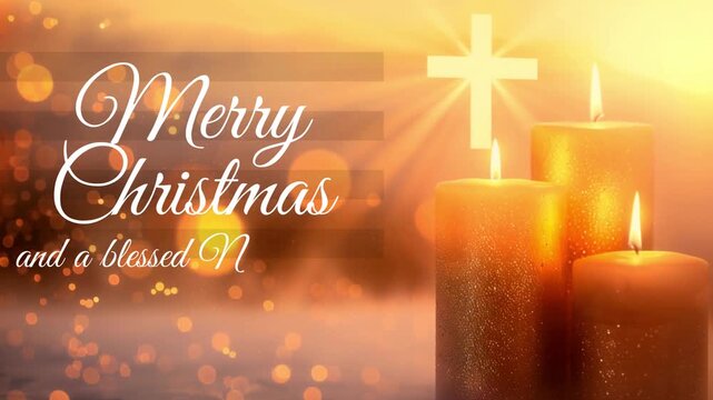 christian christmas greeting card with merry christmas and blessed New Year 2026 wishes, candles, catholic cross 