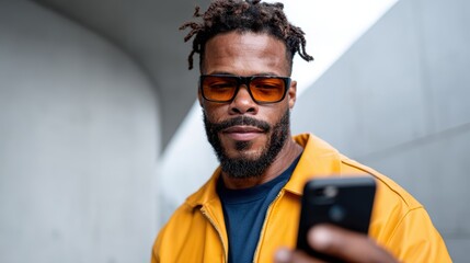 A fashionable man with dreadlocks in sunglasses looks at his smartphone, combining urban style with a modern lifestyle amidst a sleek architectural backdrop.