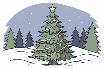 Fototapeta premium Decorated Christmas Tree in Snowy Winter Forest Scene
