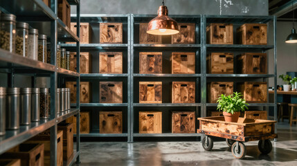 Naklejka premium A warehouse interior with metal shelving units filled with wooden crates, a copper pendant light hanging from the ceiling, and a rustic wooden cart holding a potted plant.
