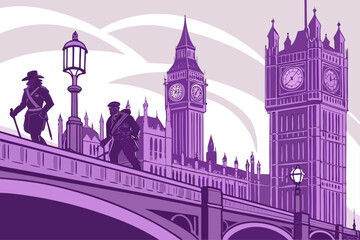 Fototapeta premium Iconic London Big Ben and Westminster Bridge Illustration