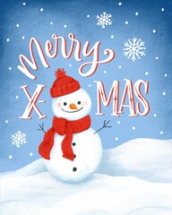 Cute Hand Drawn Snowman Illustration, Merry X-Mas Lettering, Beautiful Texture, Children's Book Style, Card