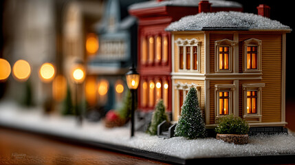 Fototapeta premium Snowy christmas village street with wooden houses and glowing windows