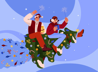 A happy man and woman are flying on a decorated Christmas tree on a New Year's adventure. Festive mood. The family is holding sparklers and gifts. Space, stars. Vector illustration.