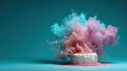 A visually striking cake erupts with colorful smoke clouds, creating an artistic representation of celebration that highlights creativity and fun in dessert.