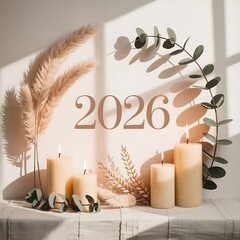 soft aesthetic new year 2026 setup with burning candles