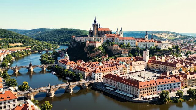 Aerial View of Prague Cityscape With Vltava River and Bridges