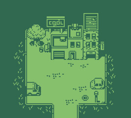 Pixel art city street background with small buildings, signs, trees and urban details. Retro 8 bit style environment for video games, level design, city map, indie or mobile game background.